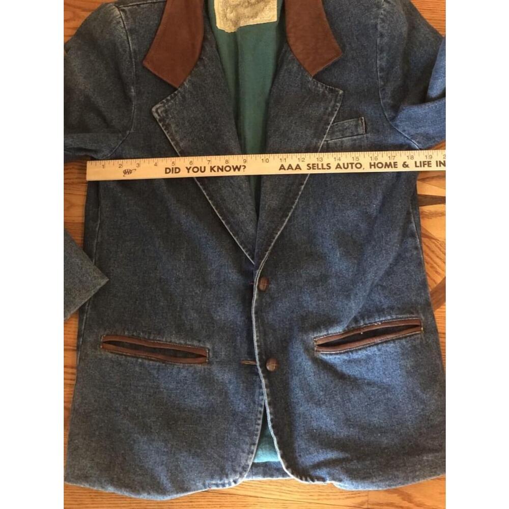 Jl Colebrook VTG 90’s Boxy Denim Blazer 2 Button Leather Detailing Pockets SM - Picture 5 of 12